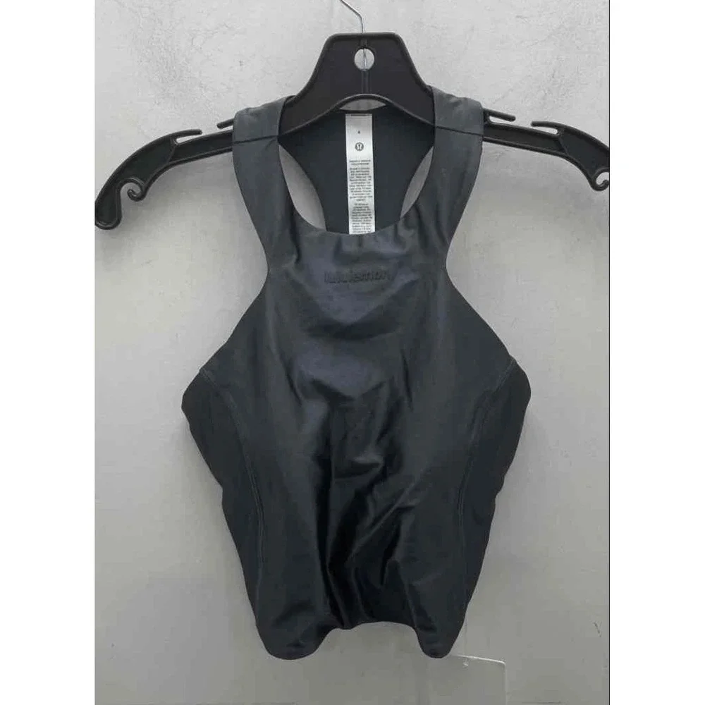 Lululemon Satin Shine Tank Wordmark Coal Grey Crop Top LW1FQSS Size 4 NWT‎